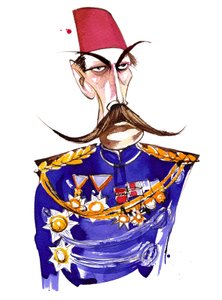 Primo Conte Kitchener, nato in Irlanda; caricatura a colori in uniforme e fez da Neale Osborne